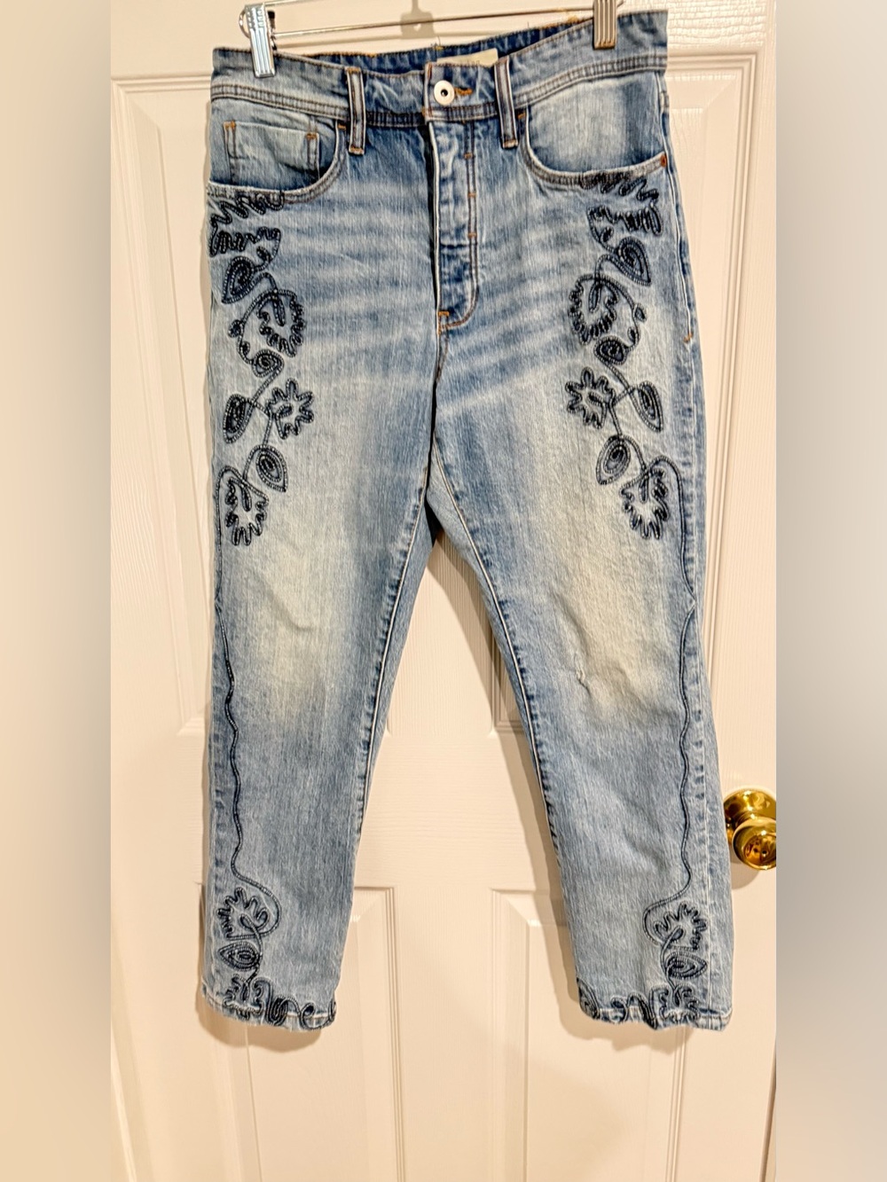 Pilcro Light Blue Straight-Leg Jeans with Navy Floral Embroidery